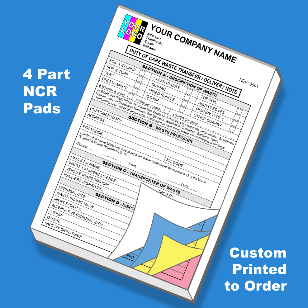 Duty of Care Waste Transfer Note NCR Pads Custom Print (FREE Templates)