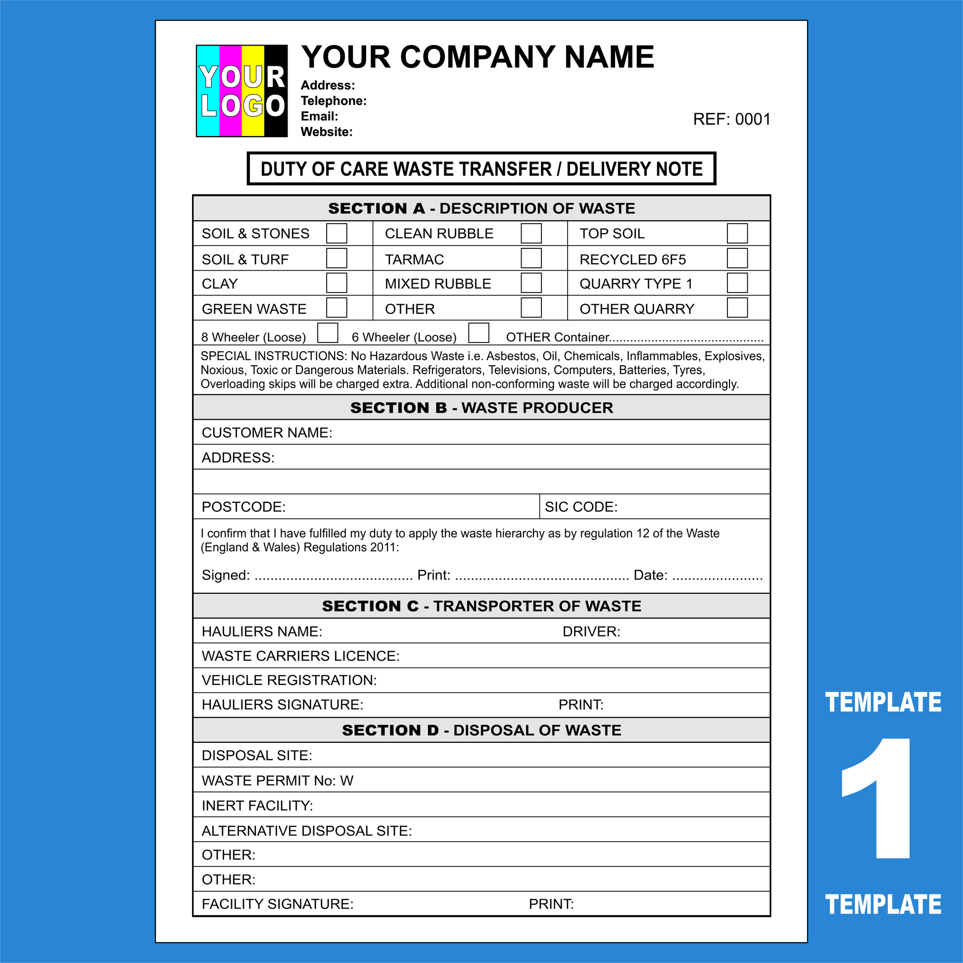 Duty of Care Waste Transfer Note NCR Pads Custom Print (FREE Templates)