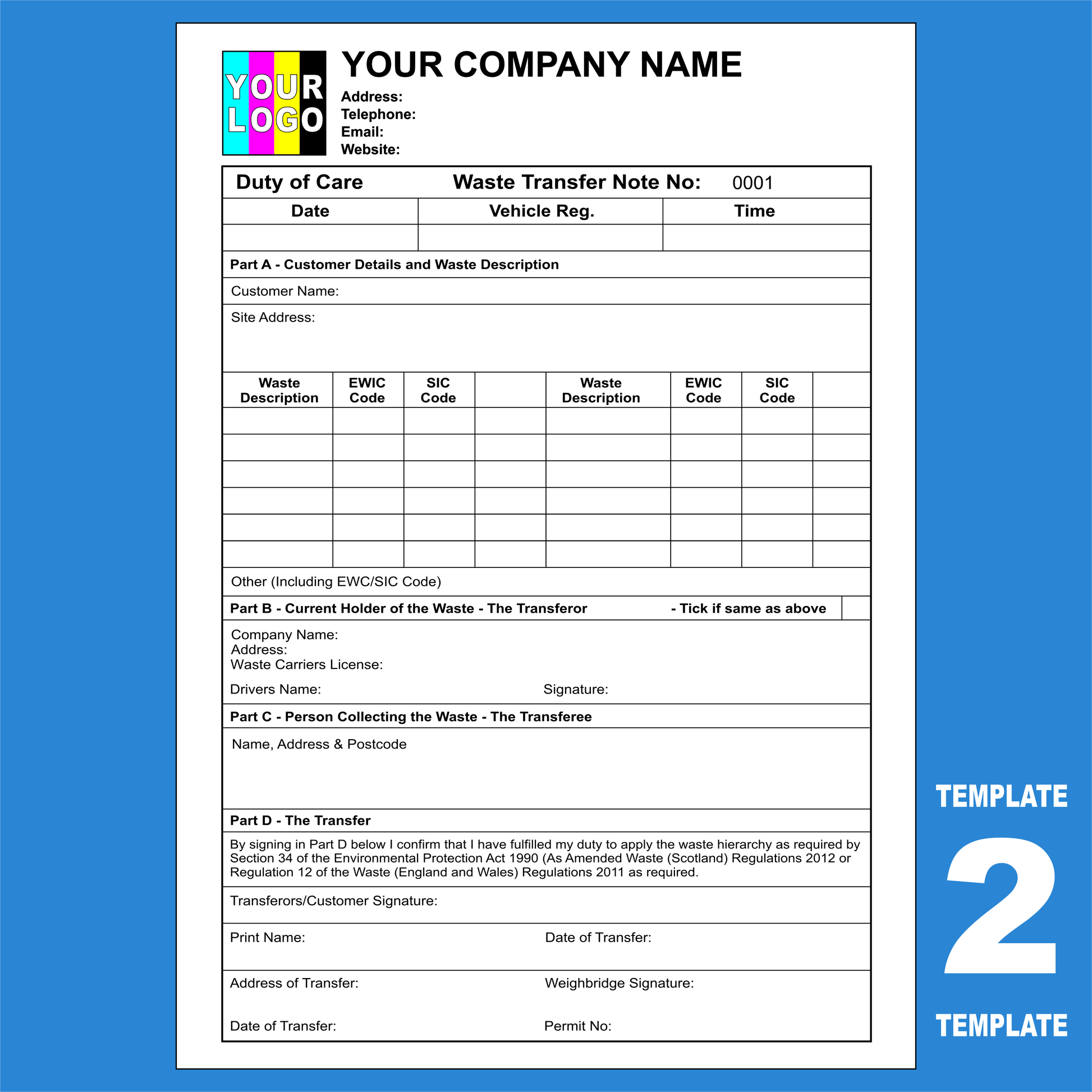 Duty of Care Waste Transfer Note NCR Pads Custom Print (FREE Templates)