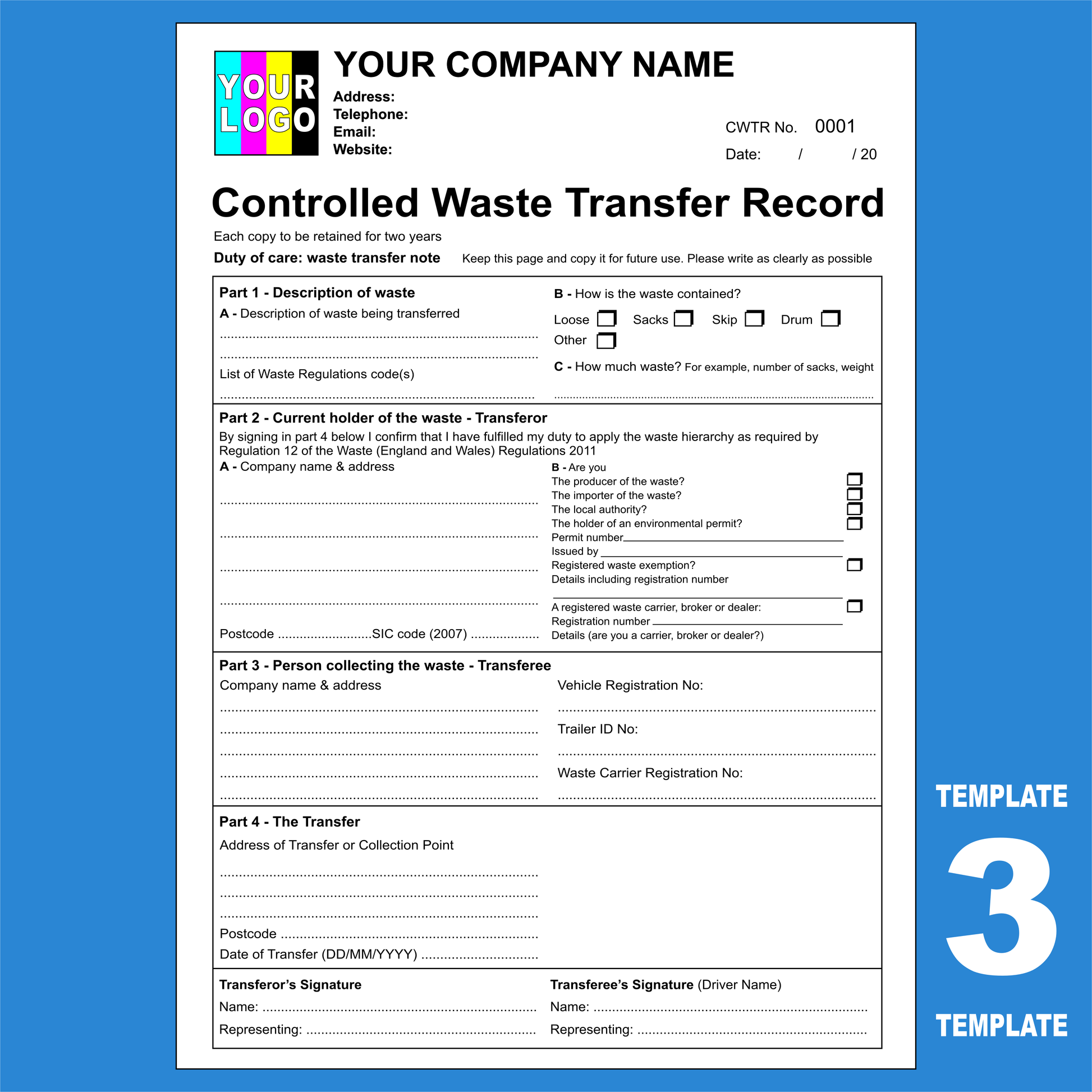 Duty of Care Waste Transfer Note NCR Pads Custom Print (FREE Templates)