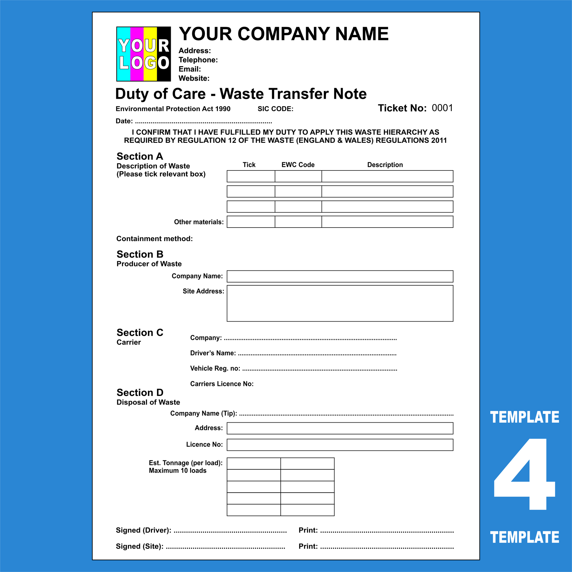 Duty of Care Waste Transfer Note NCR Pads Custom Print (FREE Templates)