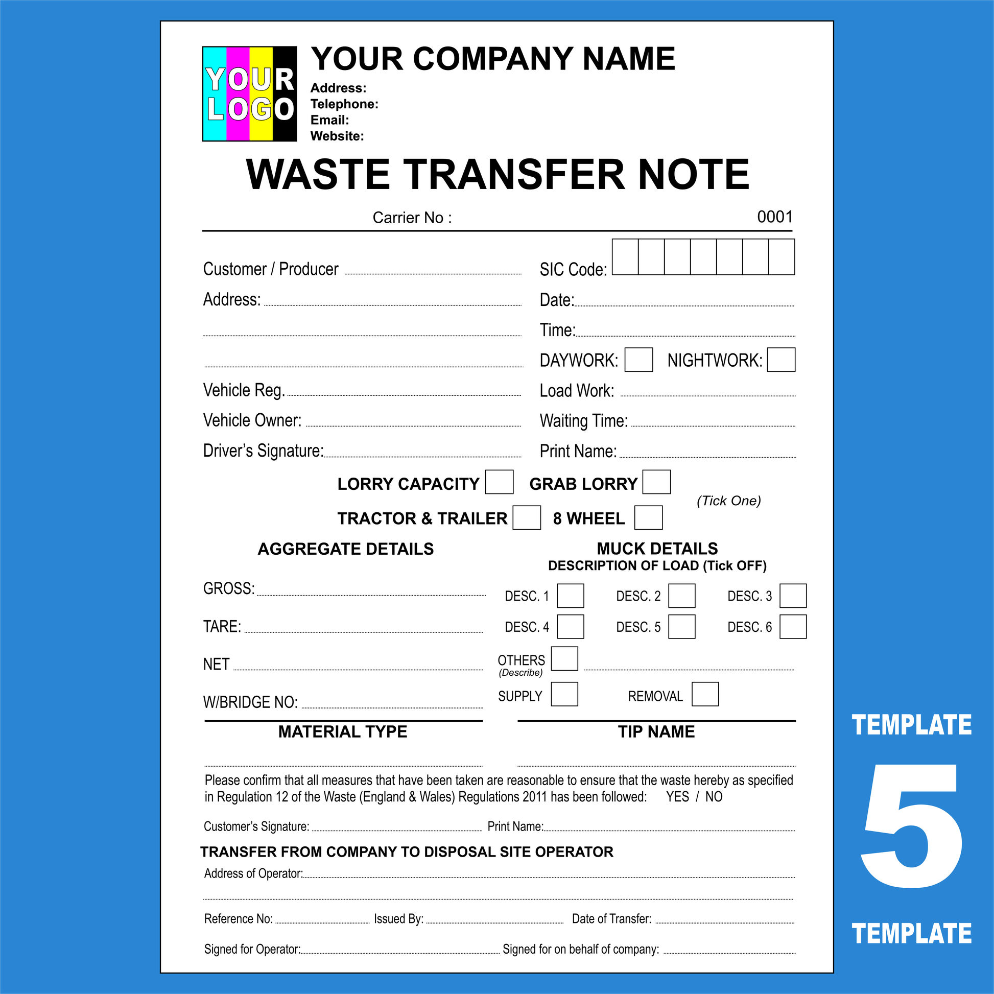 Duty of Care Waste Transfer Note NCR Pads Custom Print (FREE Templates)