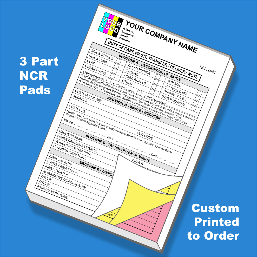 Duty of Care Waste Transfer Note NCR Pads Custom Print (FREE Templates)