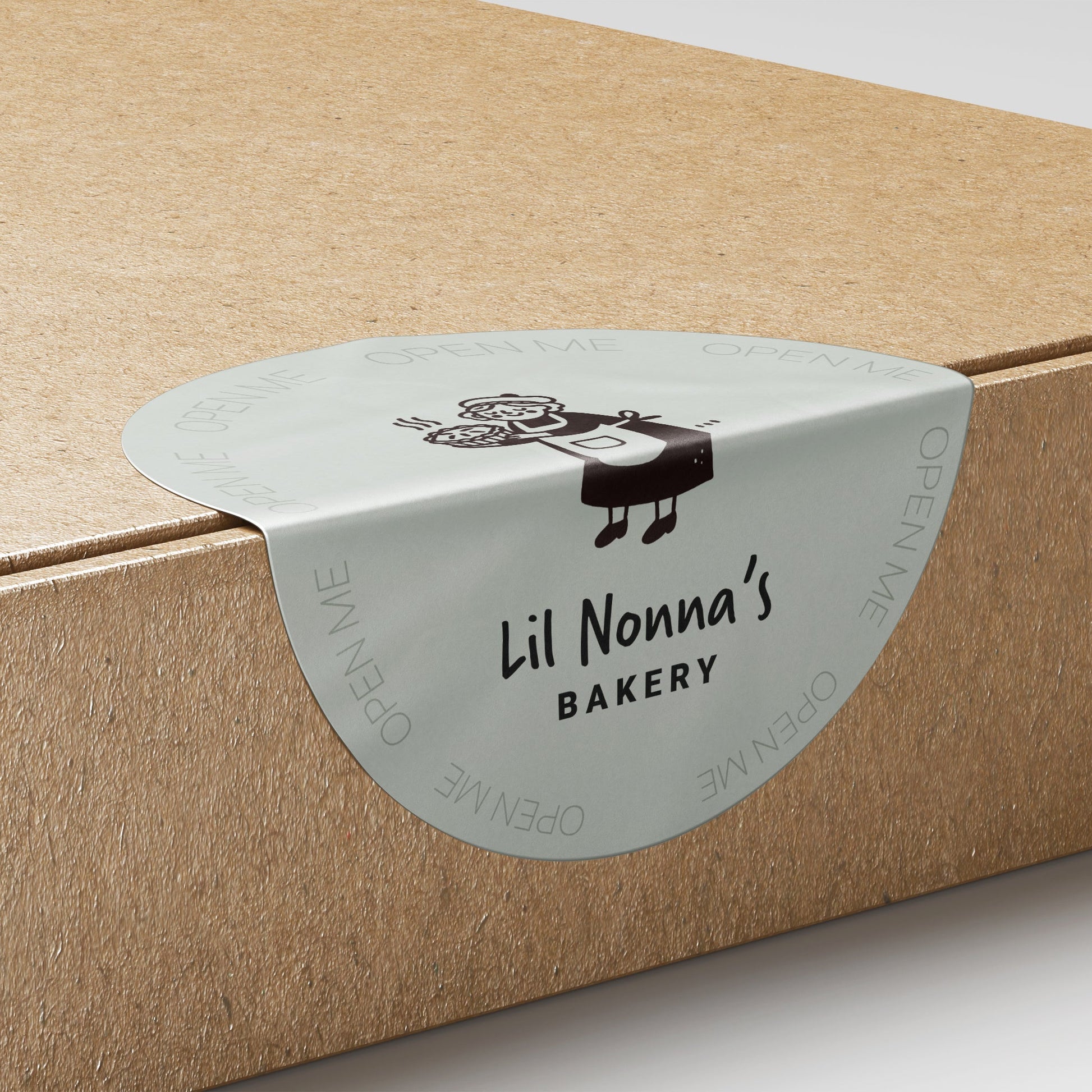 Lil Nonna's Bakery packaging with a label on a cardboard box