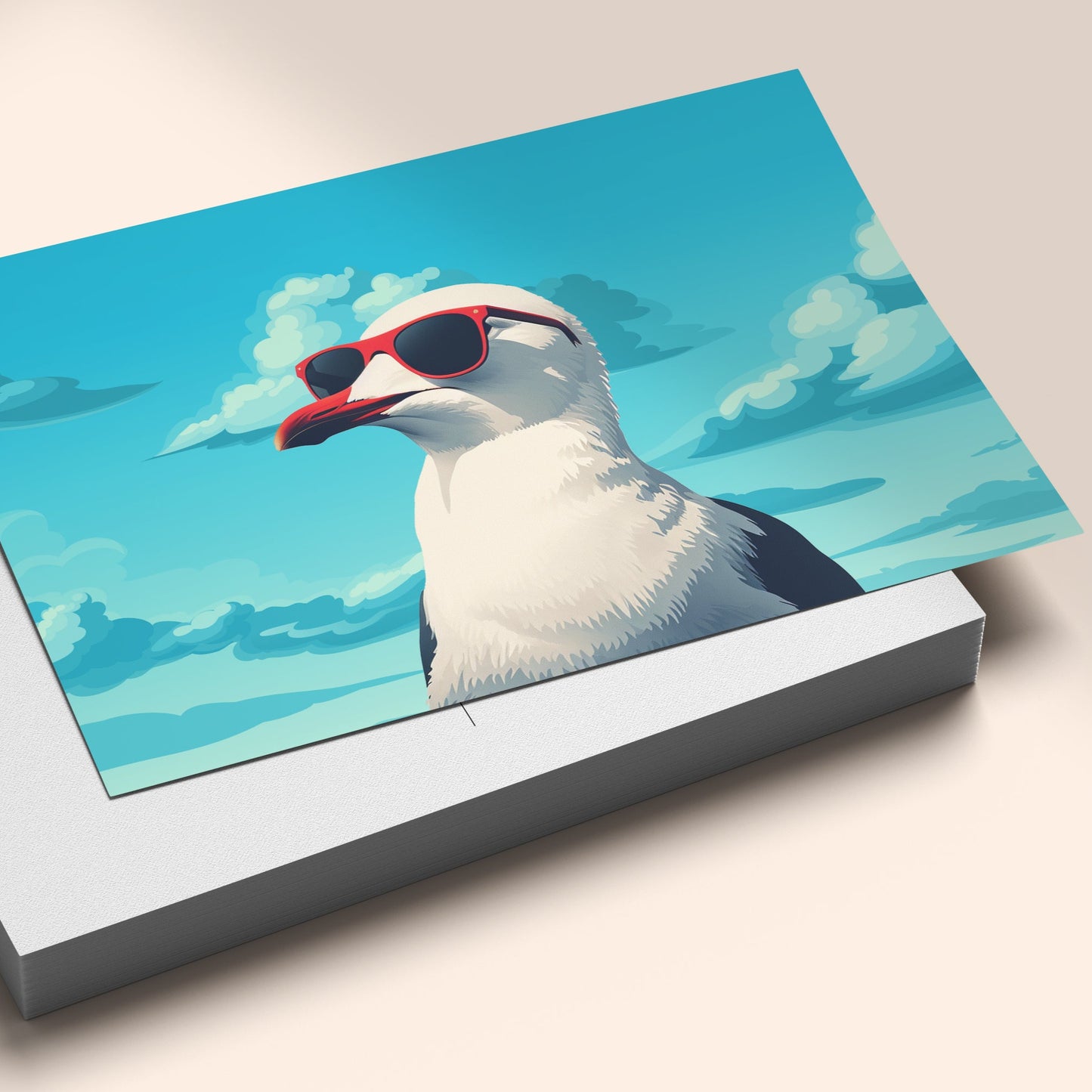 Canvas print of a seagull wearing sunglasses with a blue sky background