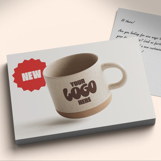 Promotional postcard with a coffee mug design and 'Your Logo Here' text on a light background.