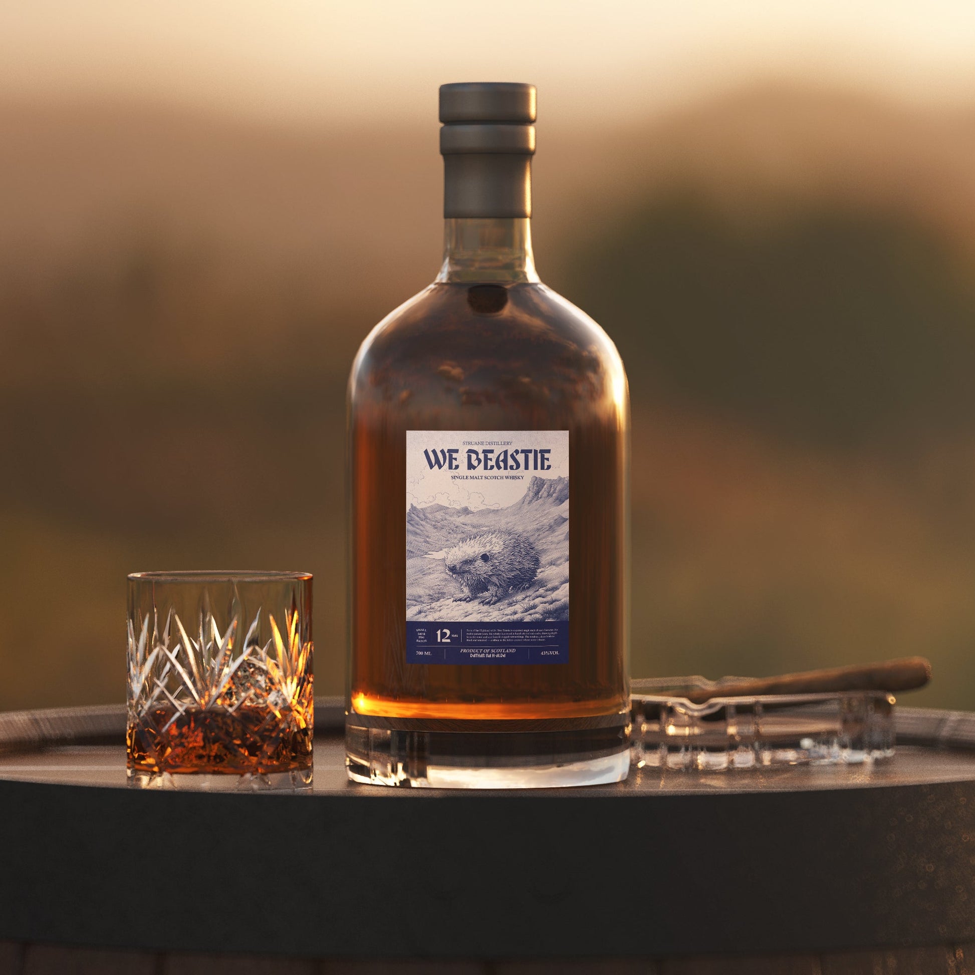 Whiskey bottle and glass on a wooden barrel with a blurred natural background