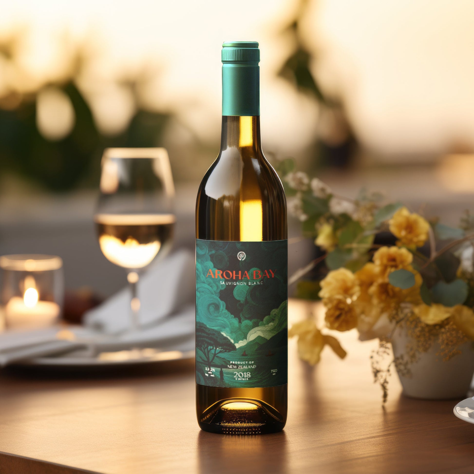 Wine bottle on a table with glasses and flowers in the background