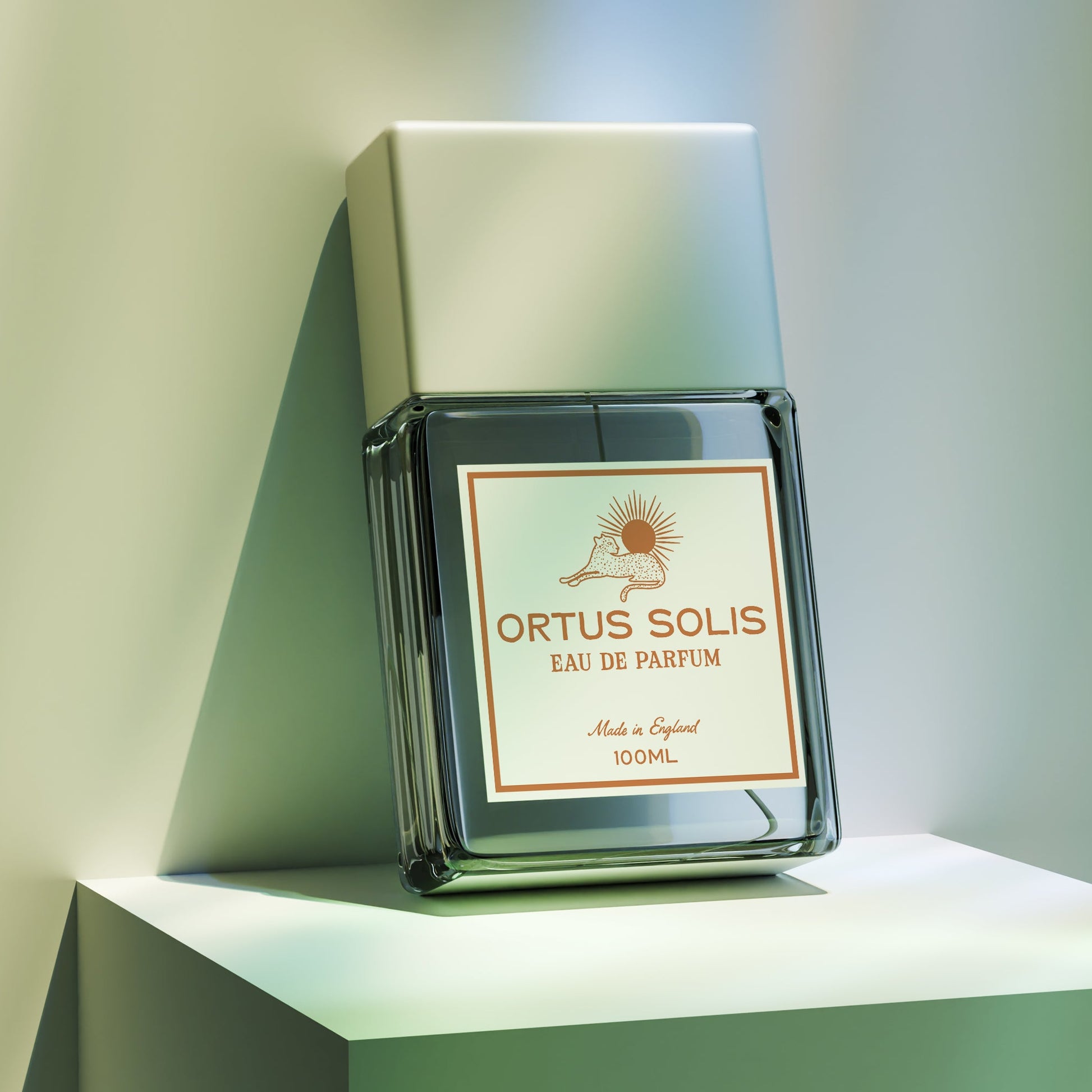 Ortus Solis Eau de Parfum bottle on a white shelf with a soft green background