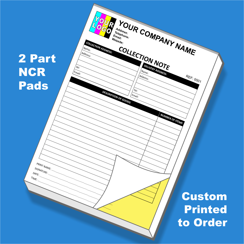 Custom printed duplicate NCR collection note pads