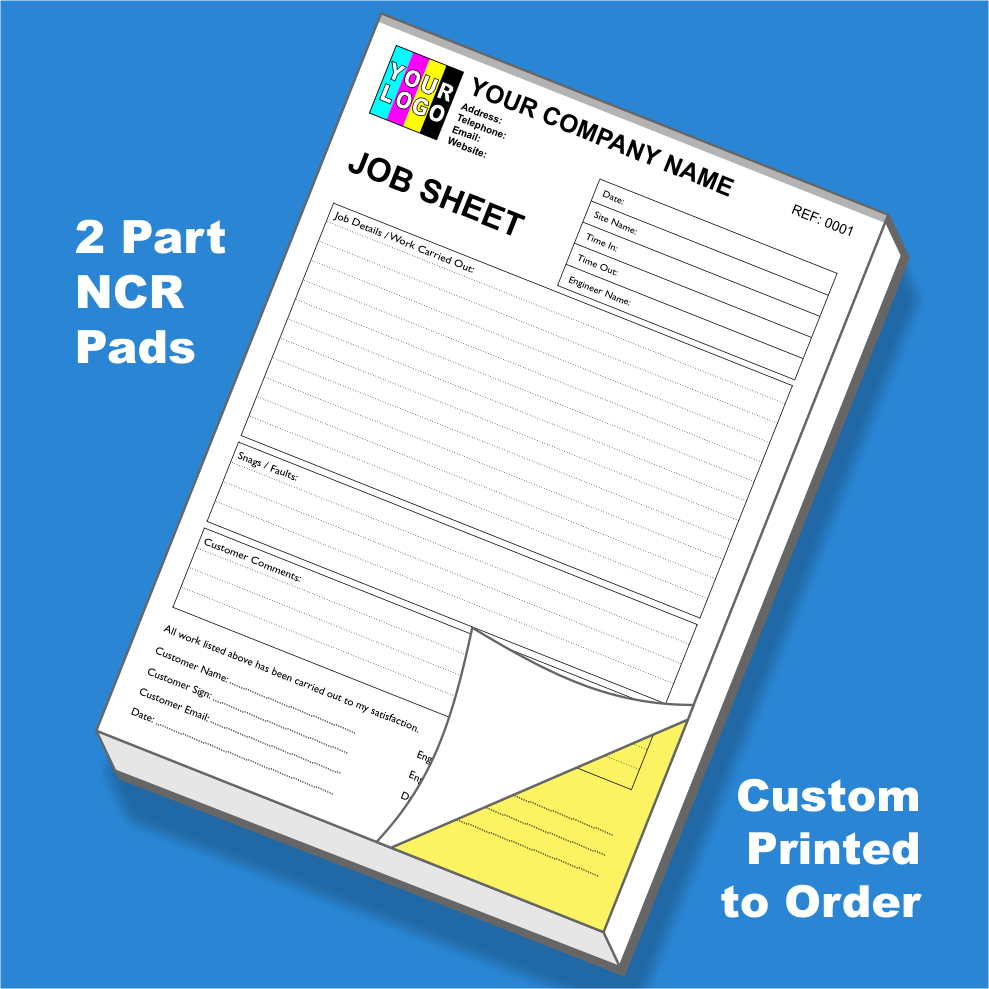 Custom printed duplicate NCR job sheet pads