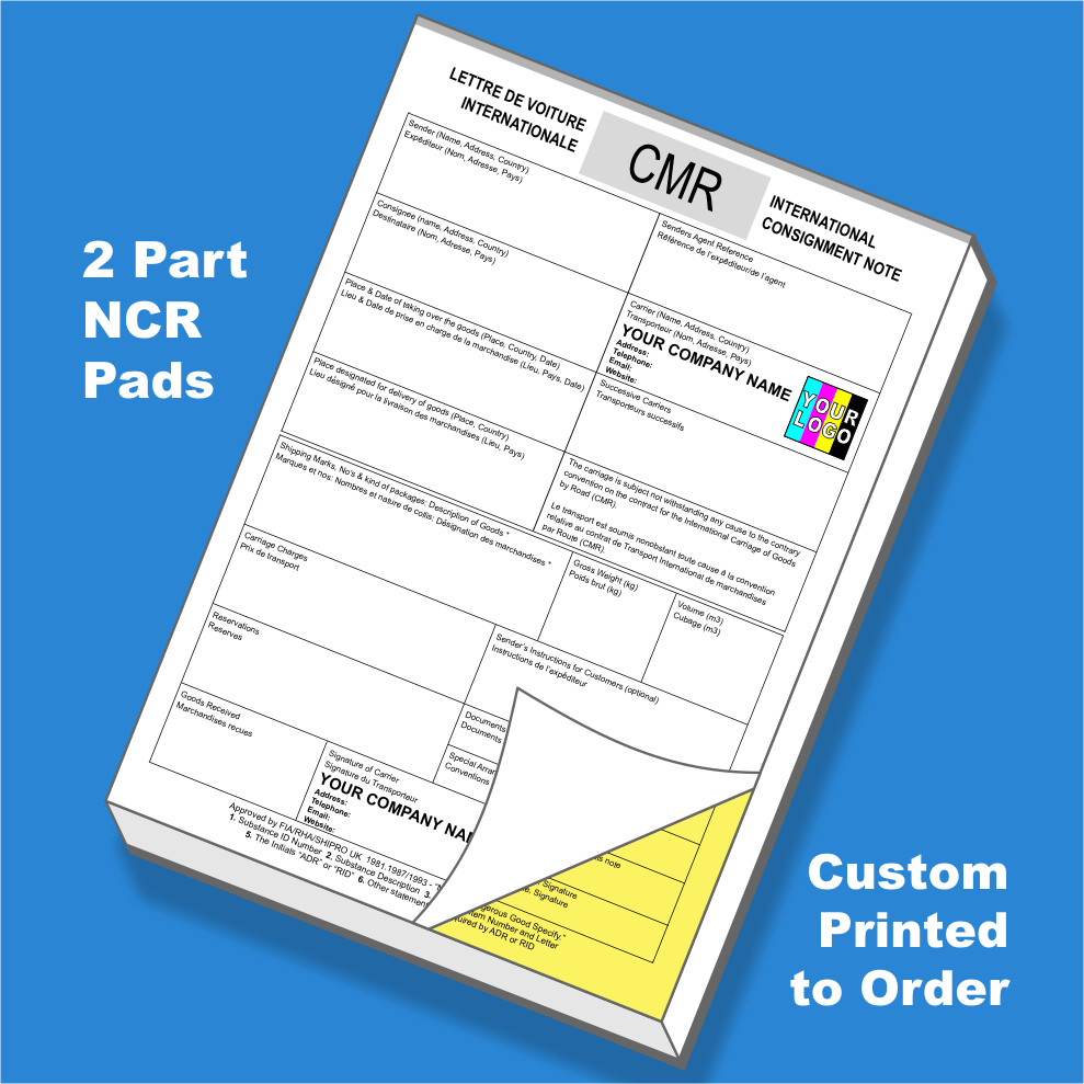 CMR International Consignment Note Duplicate NCR Pads Printing