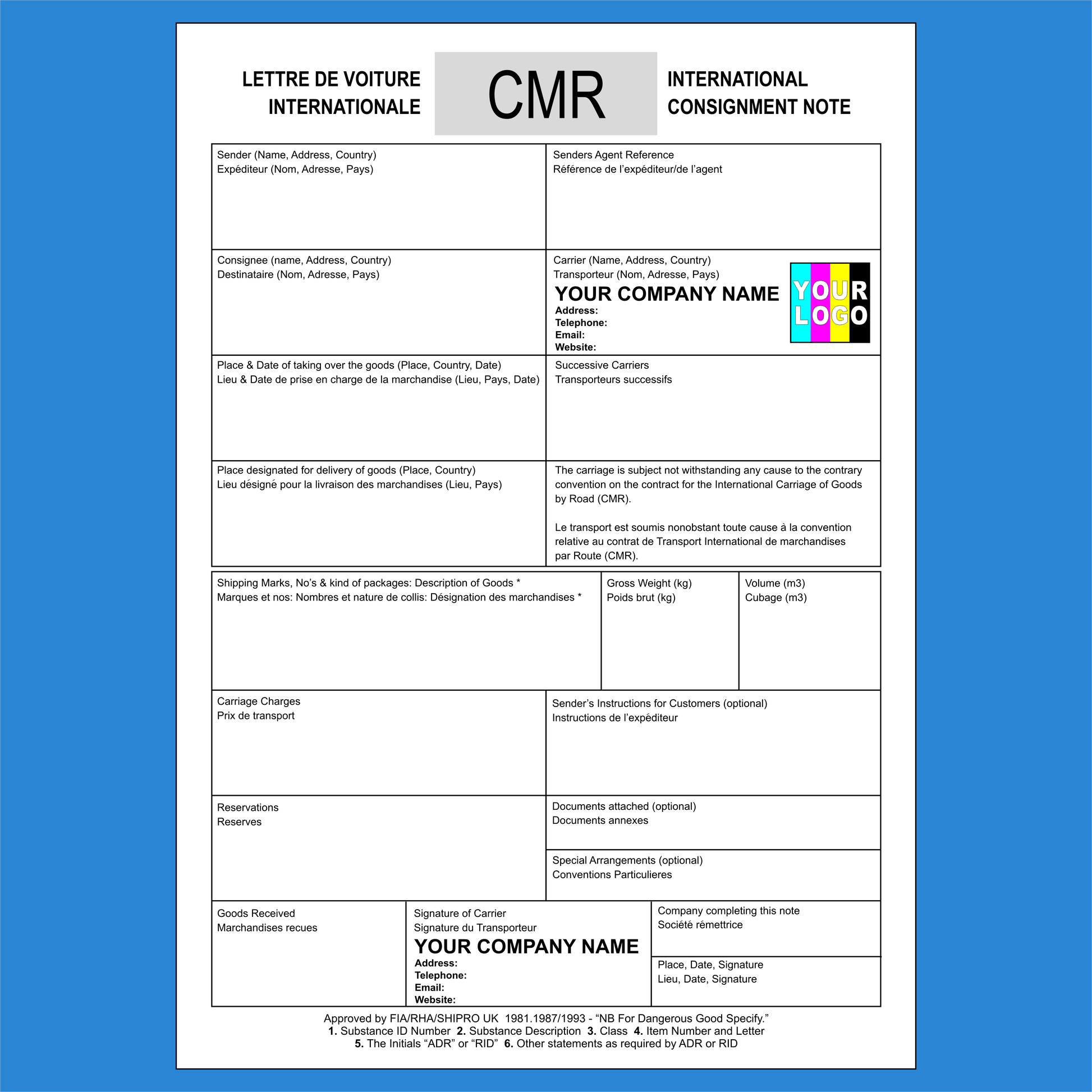 CMR International Consignment Note Duplicate NCR Pads Printing