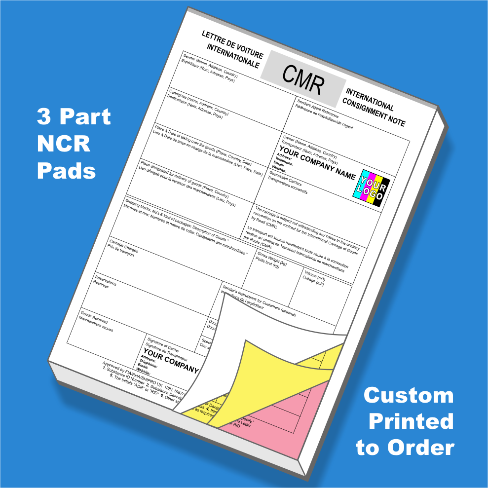 CMR International Consignment Note Duplicate NCR Pads Printing