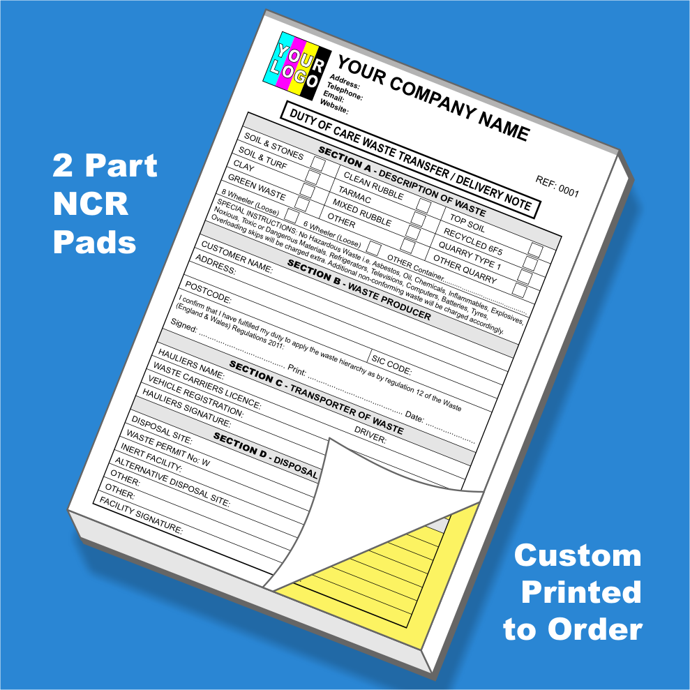Duty of Care Waste Transfer Note NCR Pads Custom Printing – MD Print Shop