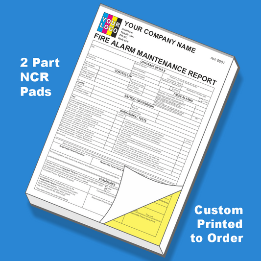 Fire alarm maintenance report with 2-part NCR pads on a blue background