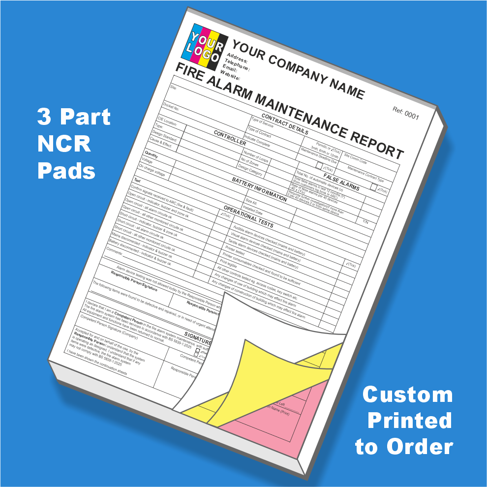 Fire alarm maintenance report with 3-part NCR pads on a blue background