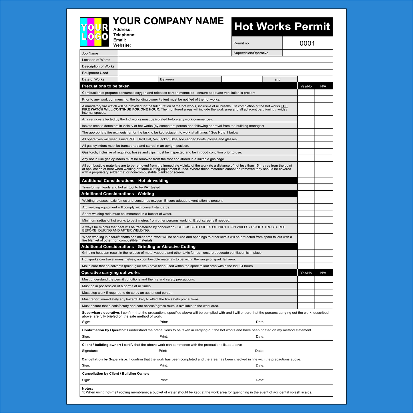 Hot Work Permit to Work NCR Pads Printing (FREE Template)