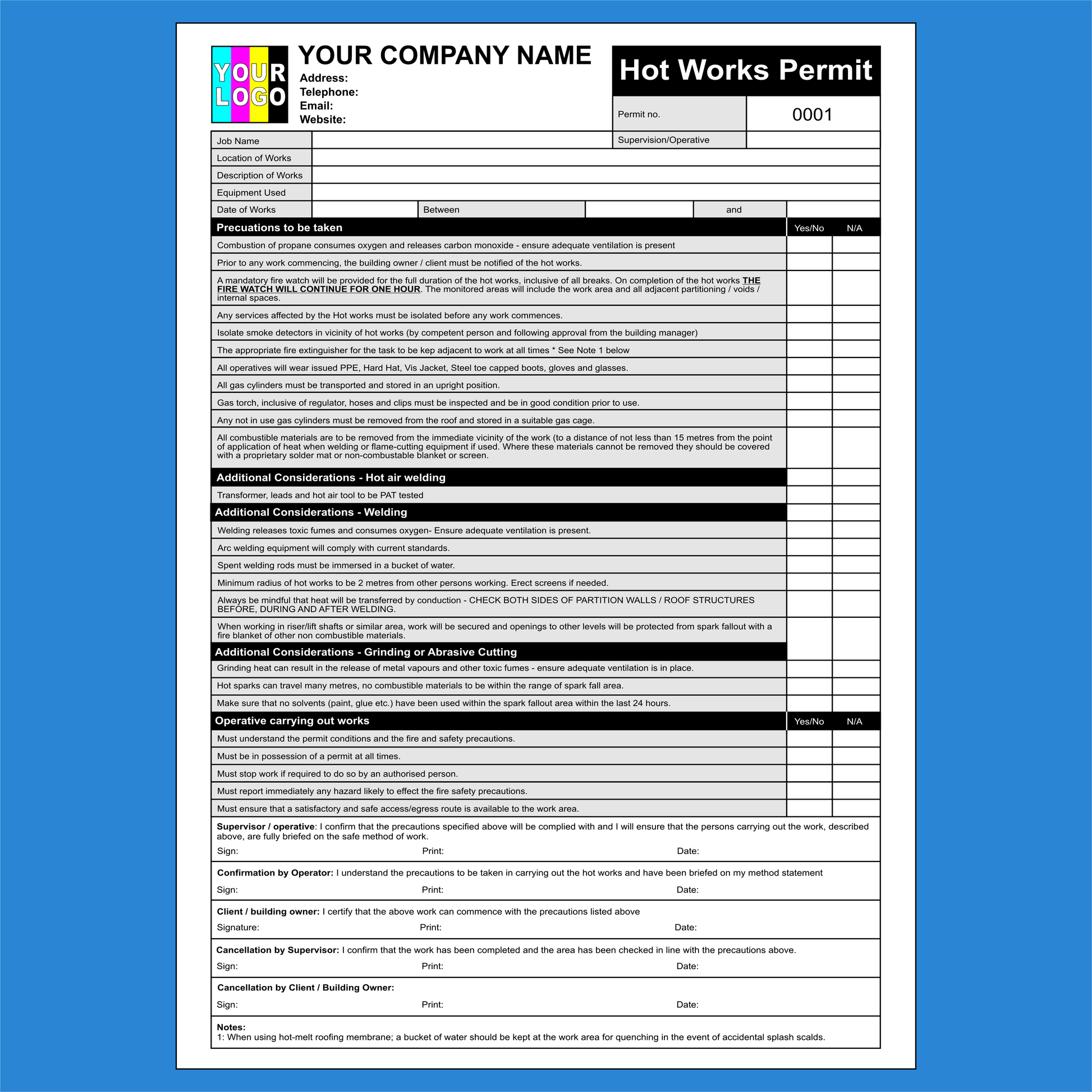 Hot Work Permit to Work NCR Pads Printing (FREE Template)