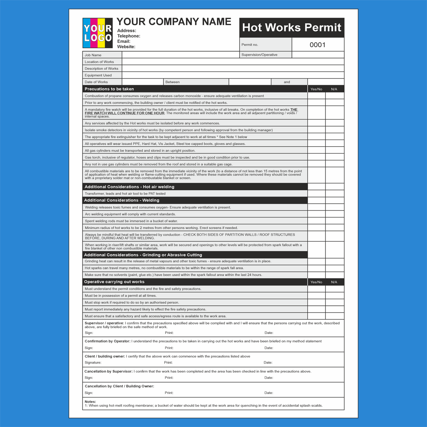 Hot works permit form with customizable company details on a blue background