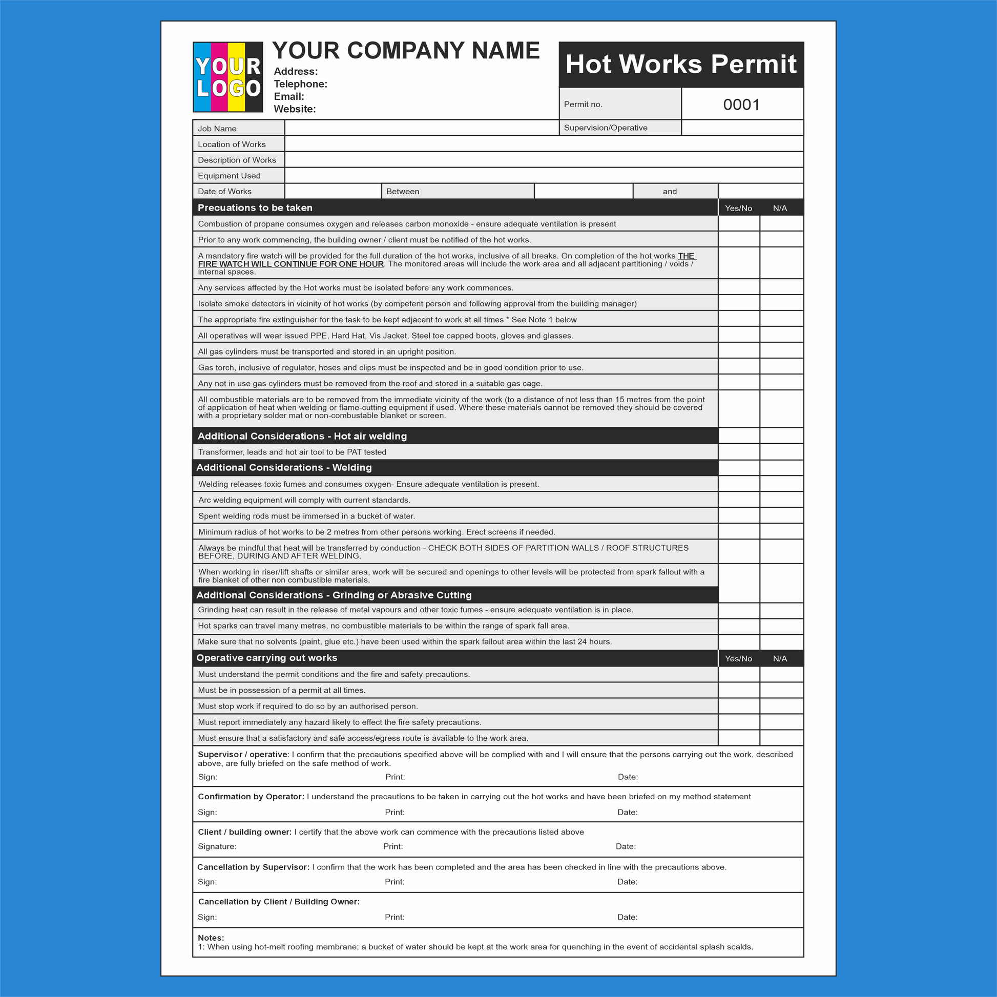 Hot works permit form with customizable company details on a blue background
