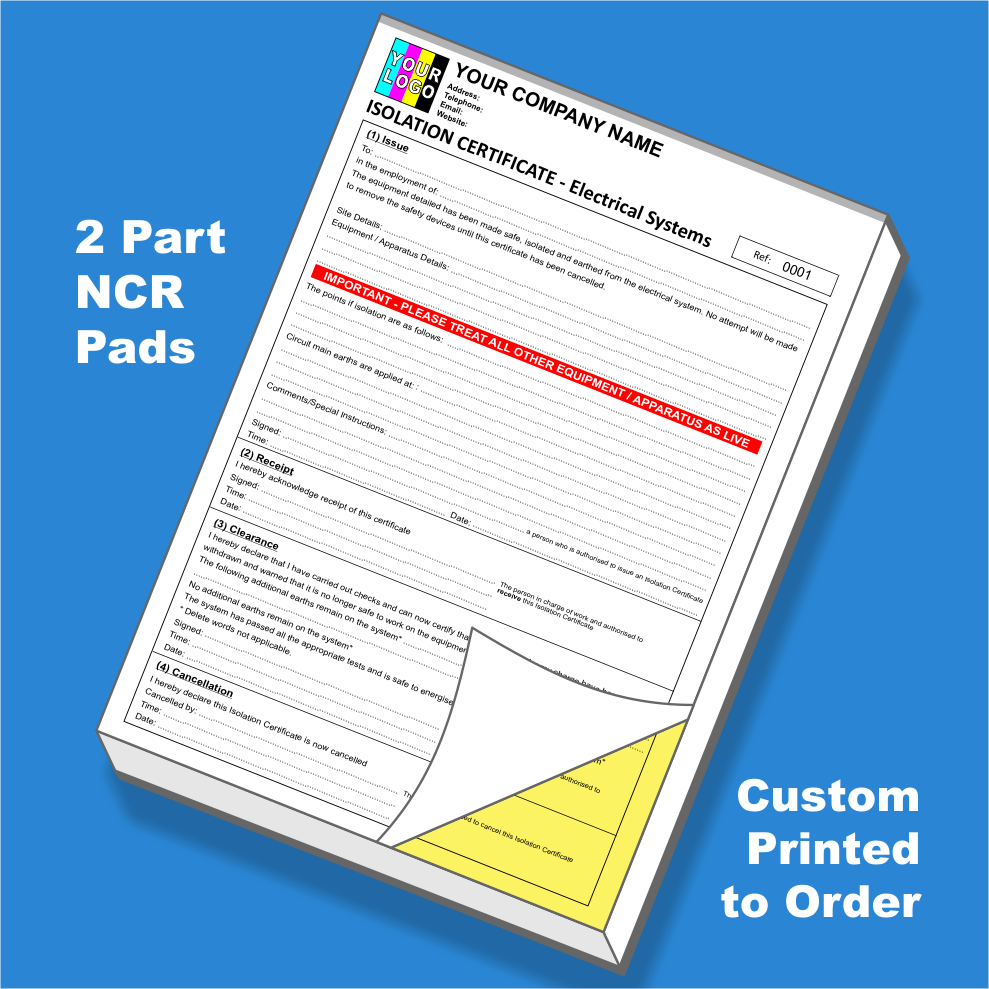 Electrical Isolation Certificate NCR Pads Printing