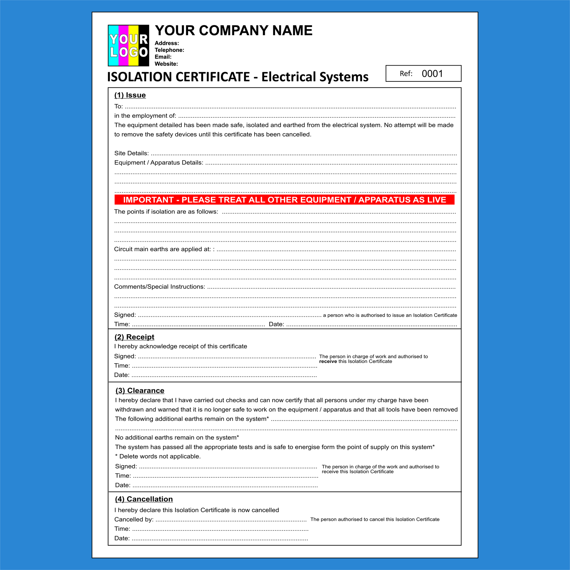 Electrical Isolation Certificate NCR Pads Printing