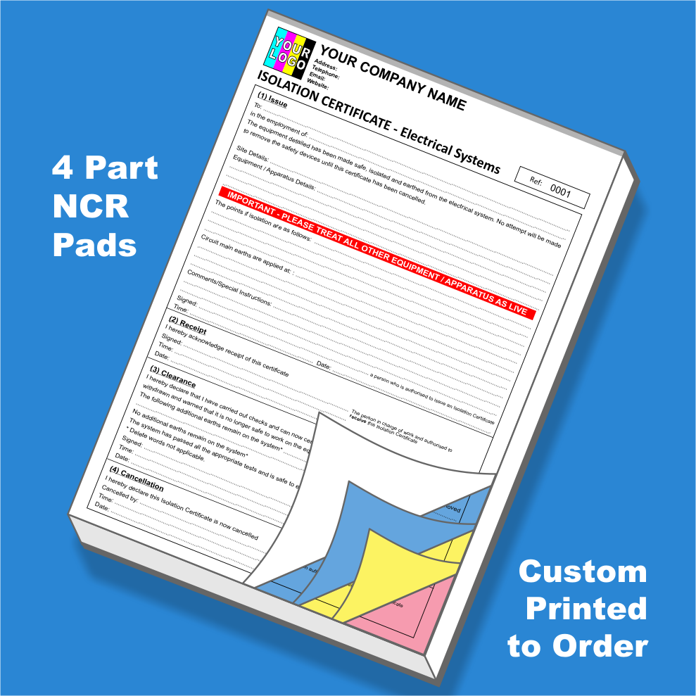 Electrical Isolation Certificate NCR Pads Printing