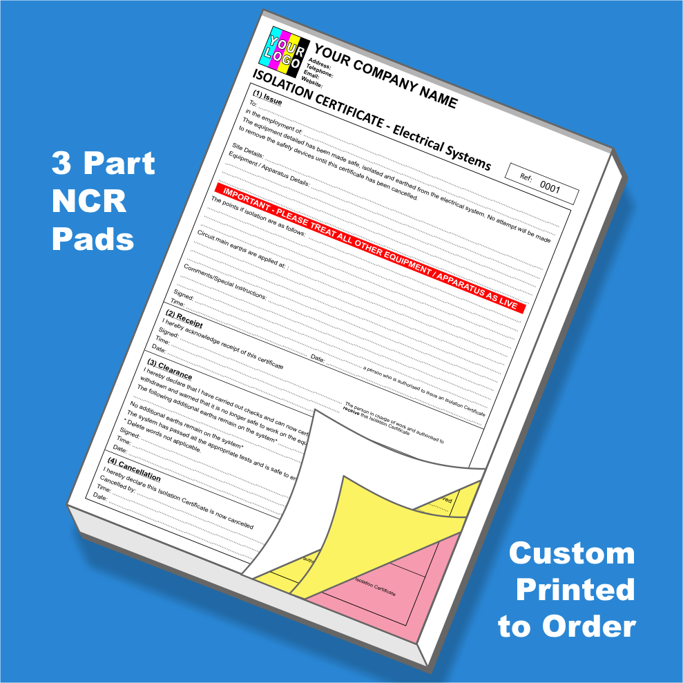 Electrical Isolation Certificate NCR Pads Printing