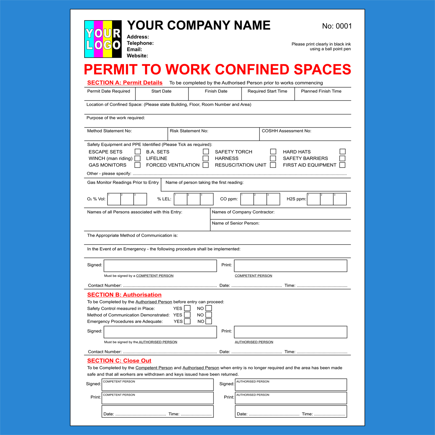 Electrical Permit to Work Confined Spaces NCR Pads Printing