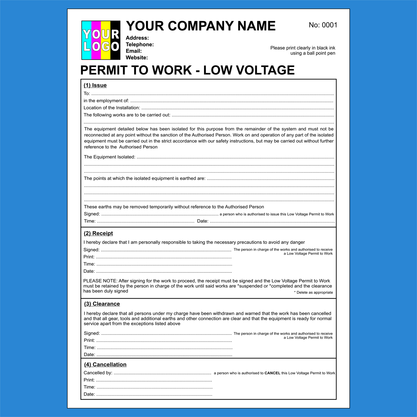 Electrical Permit to Work Low Voltage NCR Pads Printing