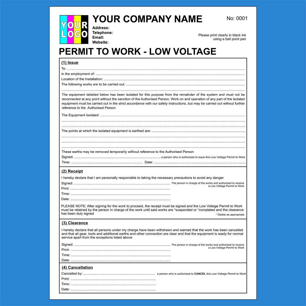 Electrical Permit to Work Low Voltage NCR Pads Printing – MD Print Shop