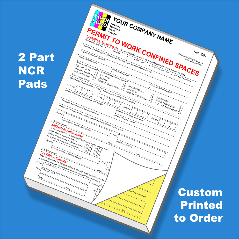 Electrical Permit to Work Confined Spaces NCR Pads Printing