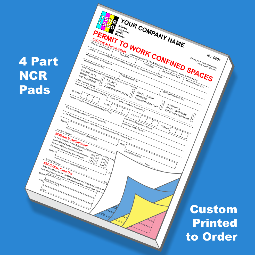 Electrical Permit to Work Confined Spaces NCR Pads Printing