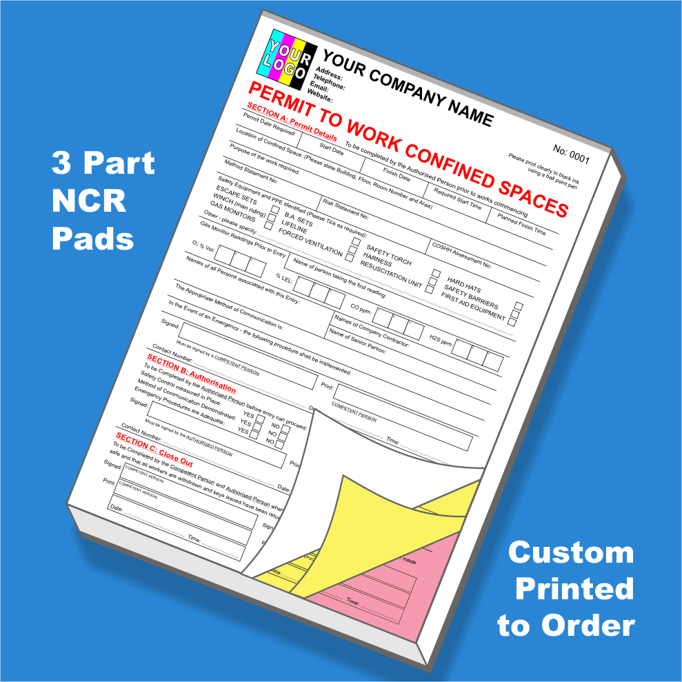 Electrical Permit to Work Confined Spaces NCR Pads Printing