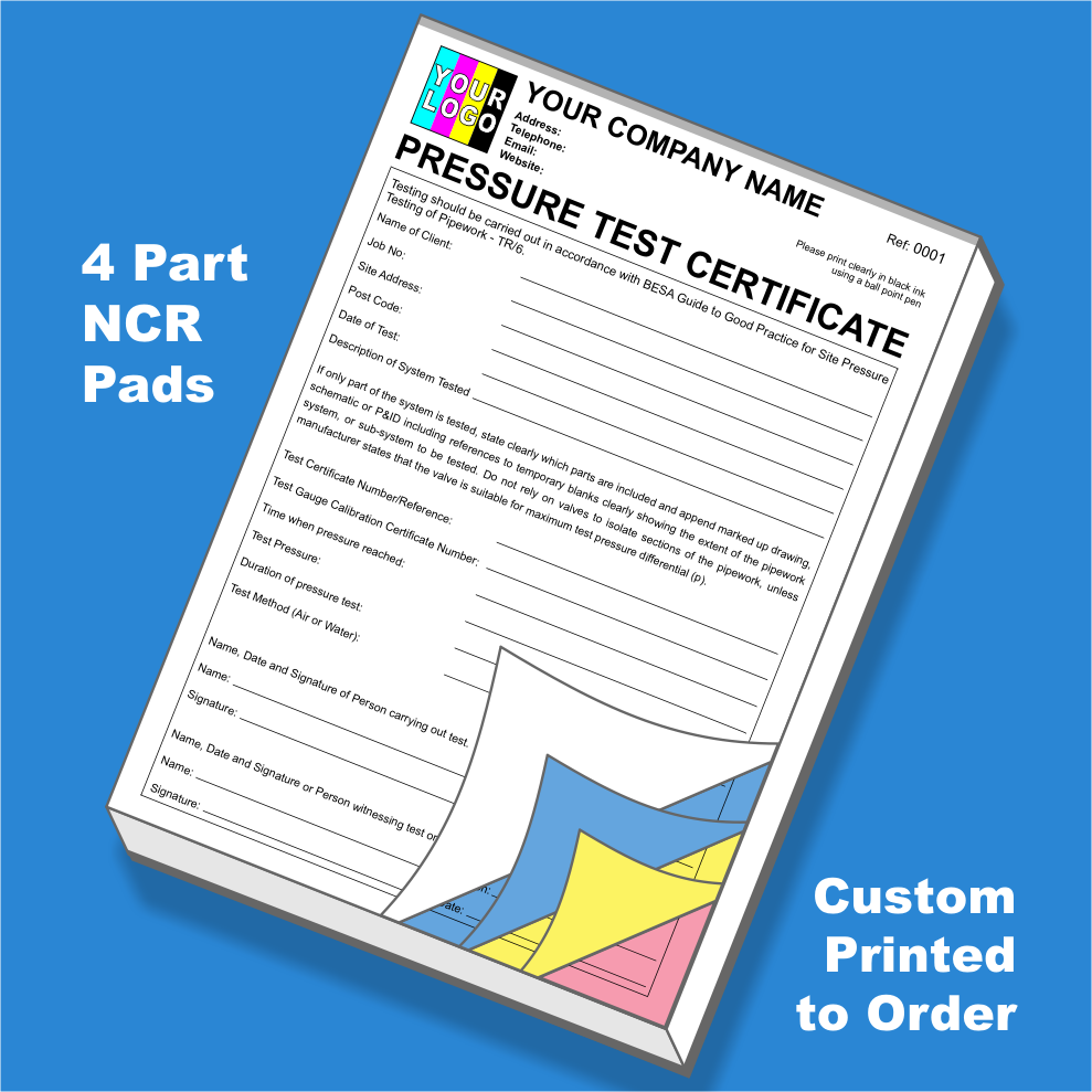 Pressure Test Certificate NCR Pads Printing