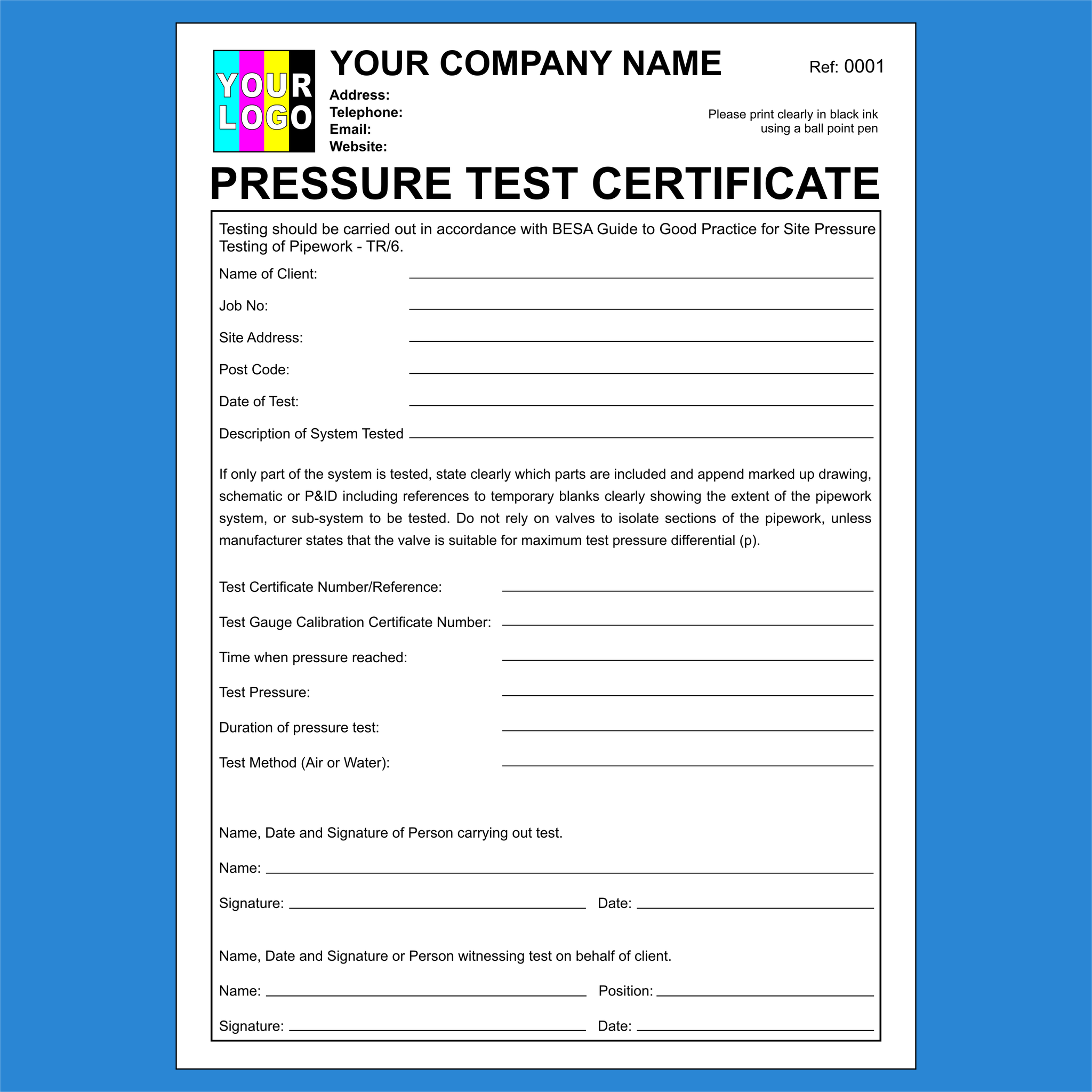 Pressure Test Certificate NCR Pads Printing – MD Print Shop