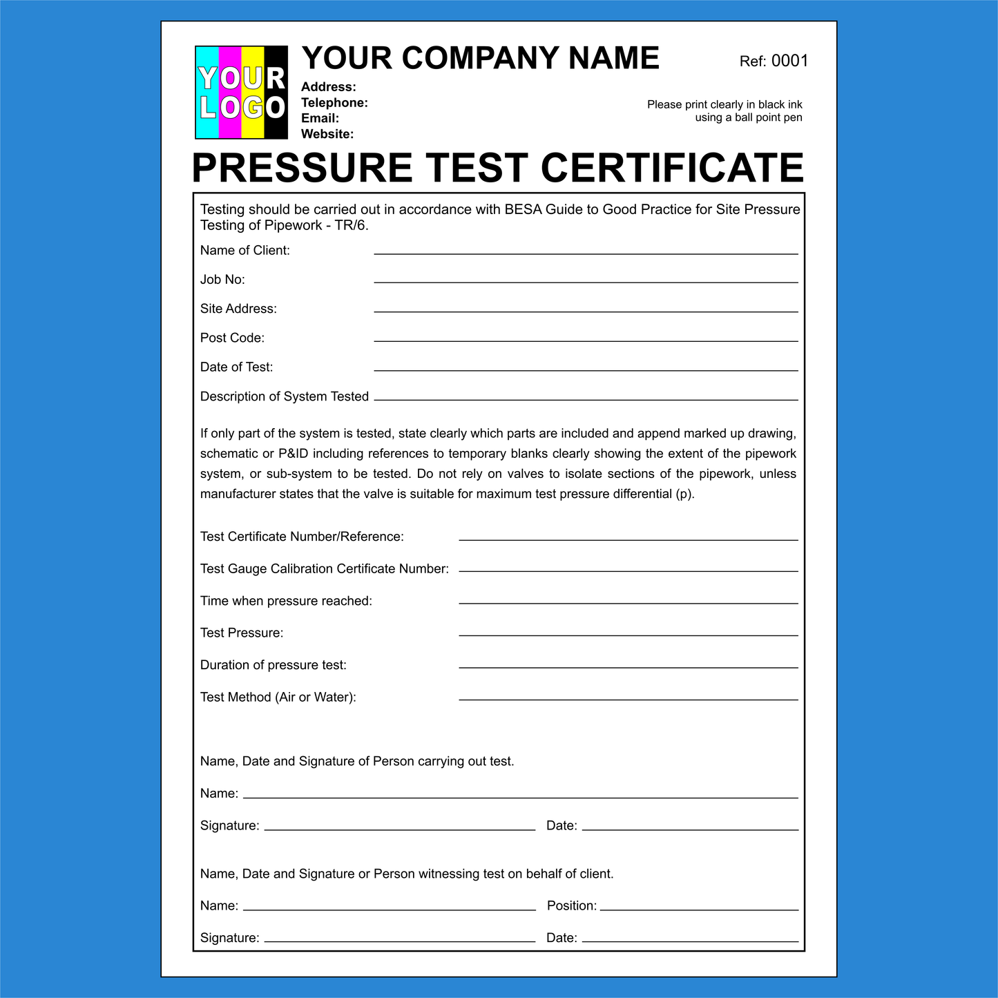 Pressure Test Certificate NCR Pads Printing