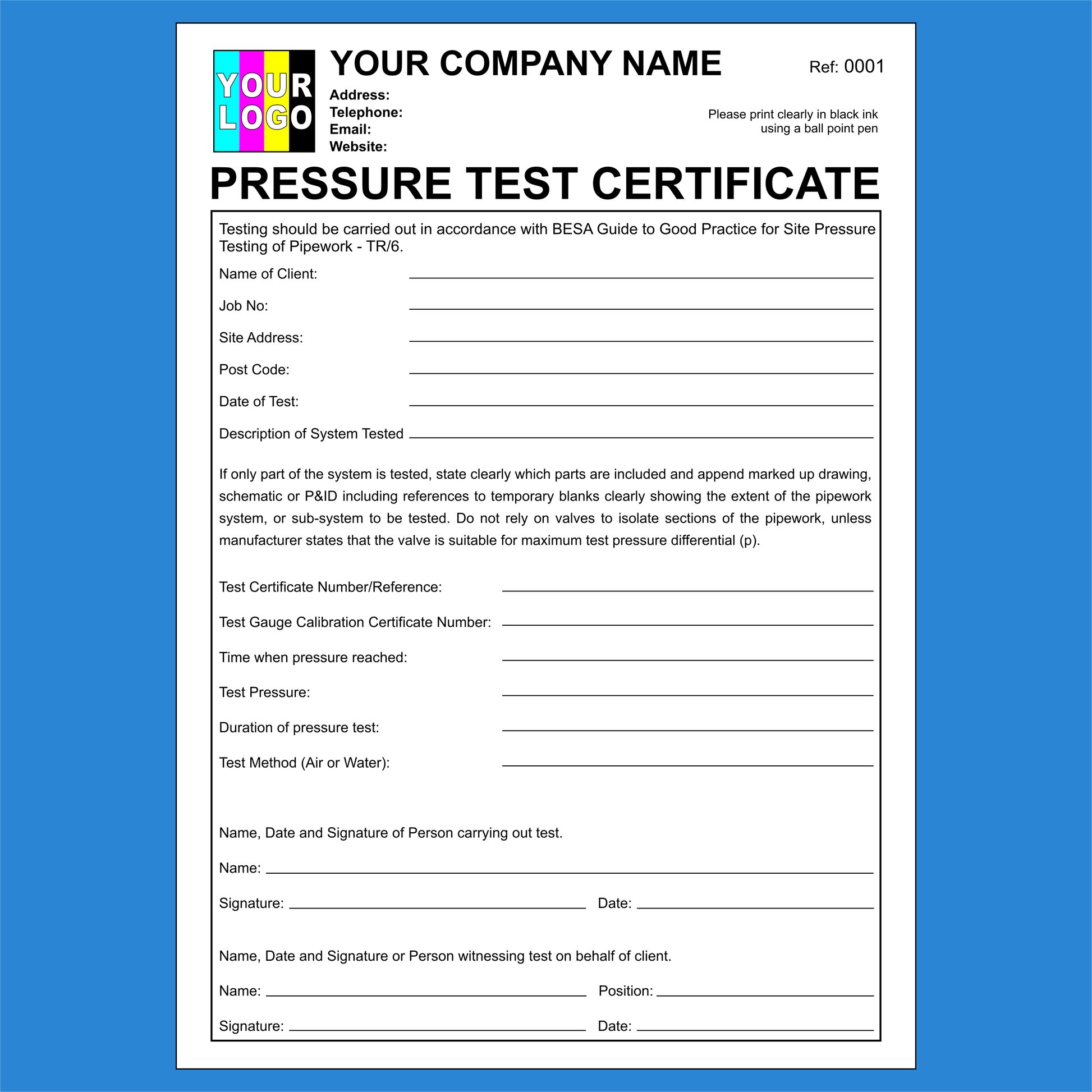 Pressure Test Certificate NCR Pads Printing