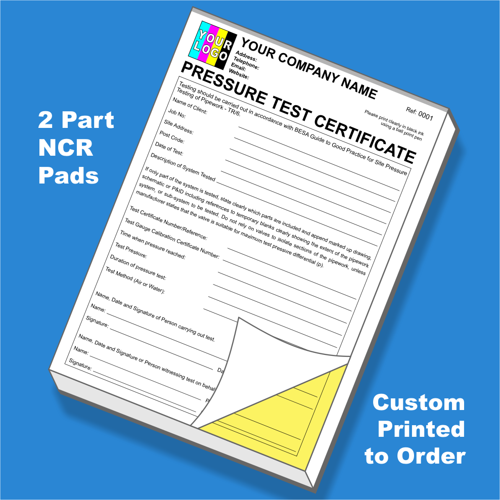 Pressure Test Certificate NCR Pads Printing