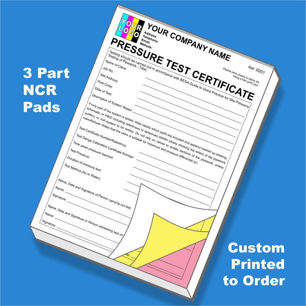 Pressure Test Certificate NCR Pads Printing