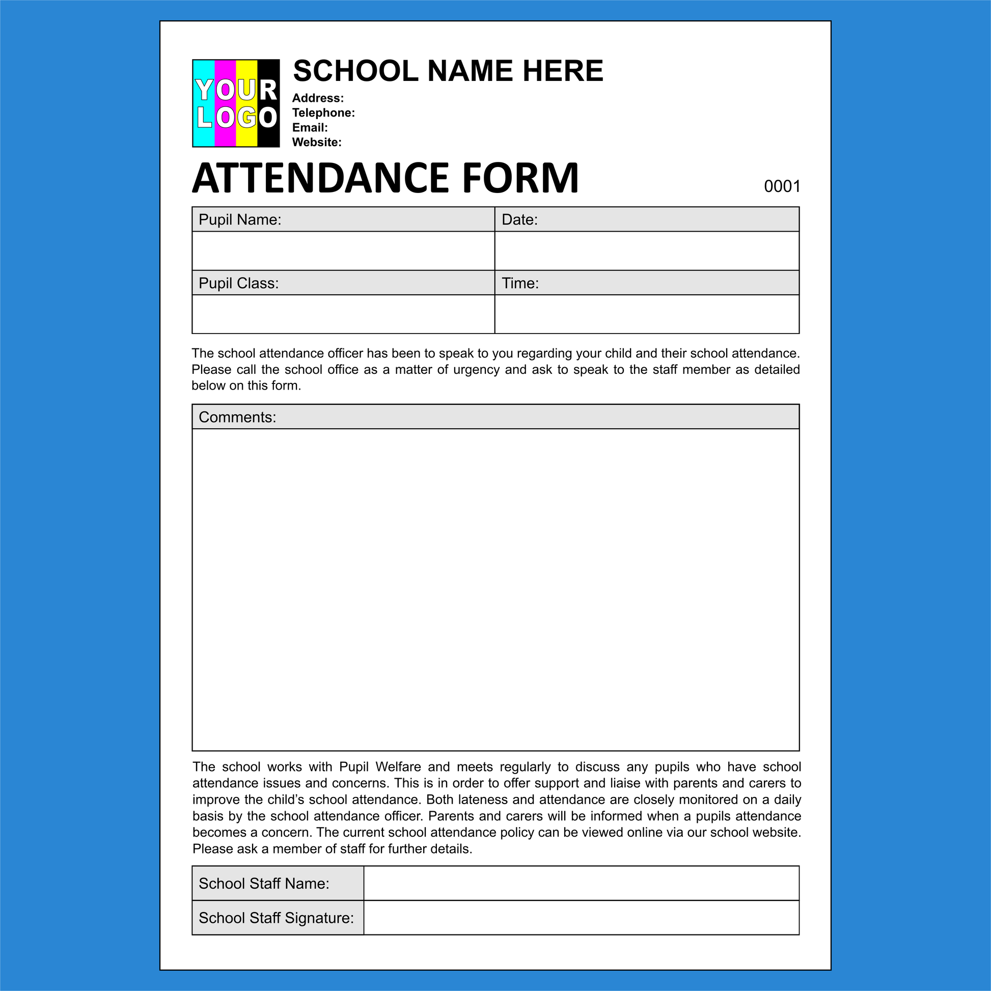 School Attendance Report Form NCR Pads Custom Printing