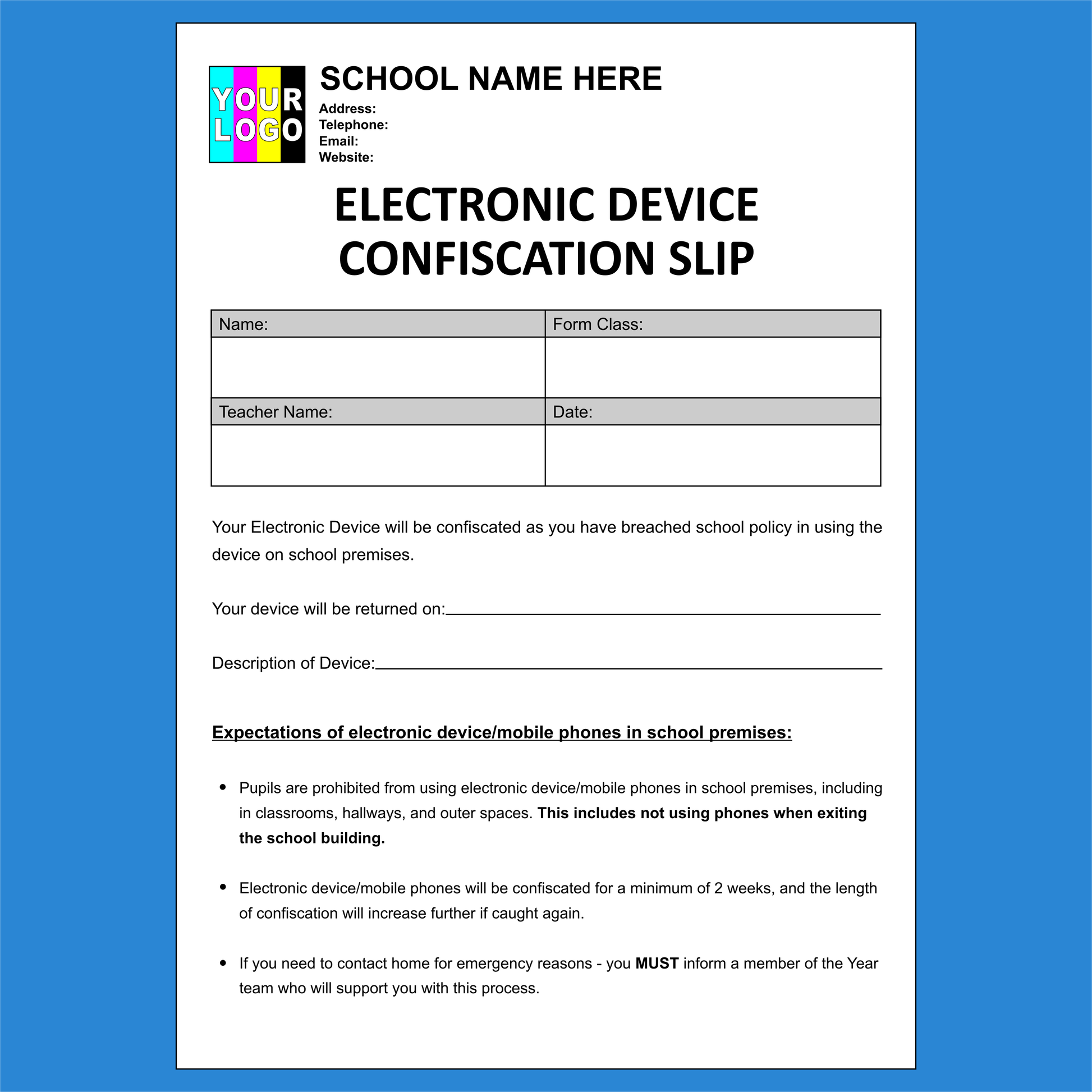 School Electronic Device Confiscation NCR Pads Custom Printing