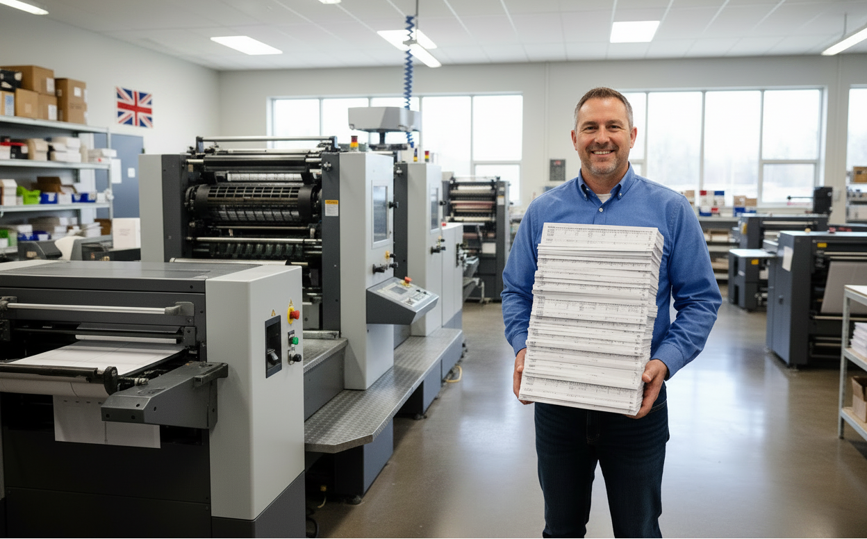 print room with printing presses and print worker smiling
