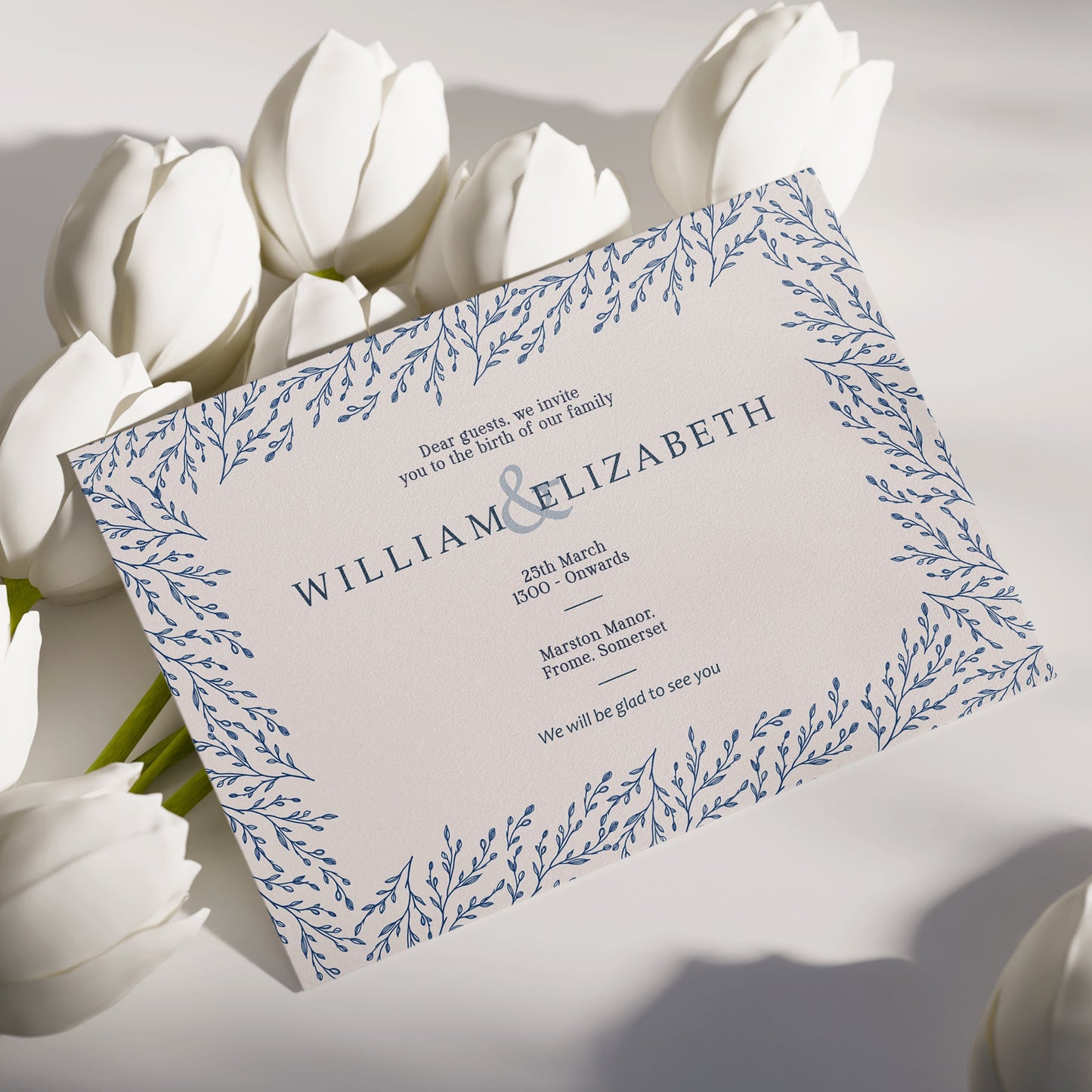 Wedding invitation card with floral design on a white tulip background