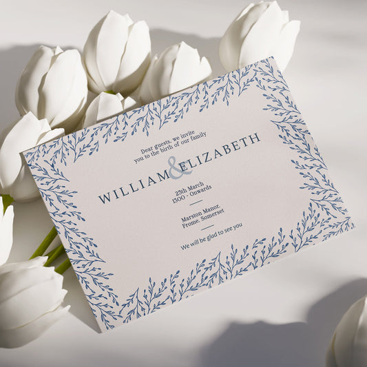 Wedding invitation card with floral design on a white tulip background