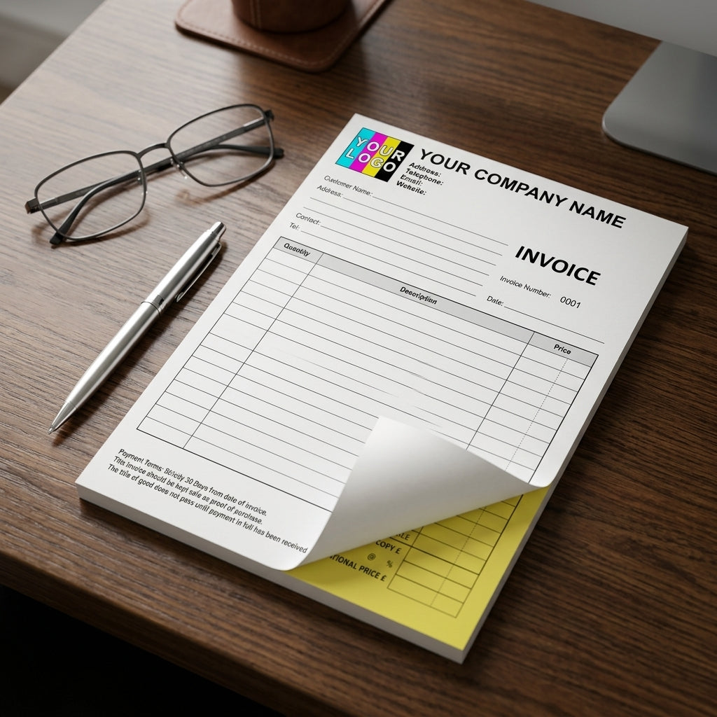 NCR invoice pad shown in a professional desktop setting