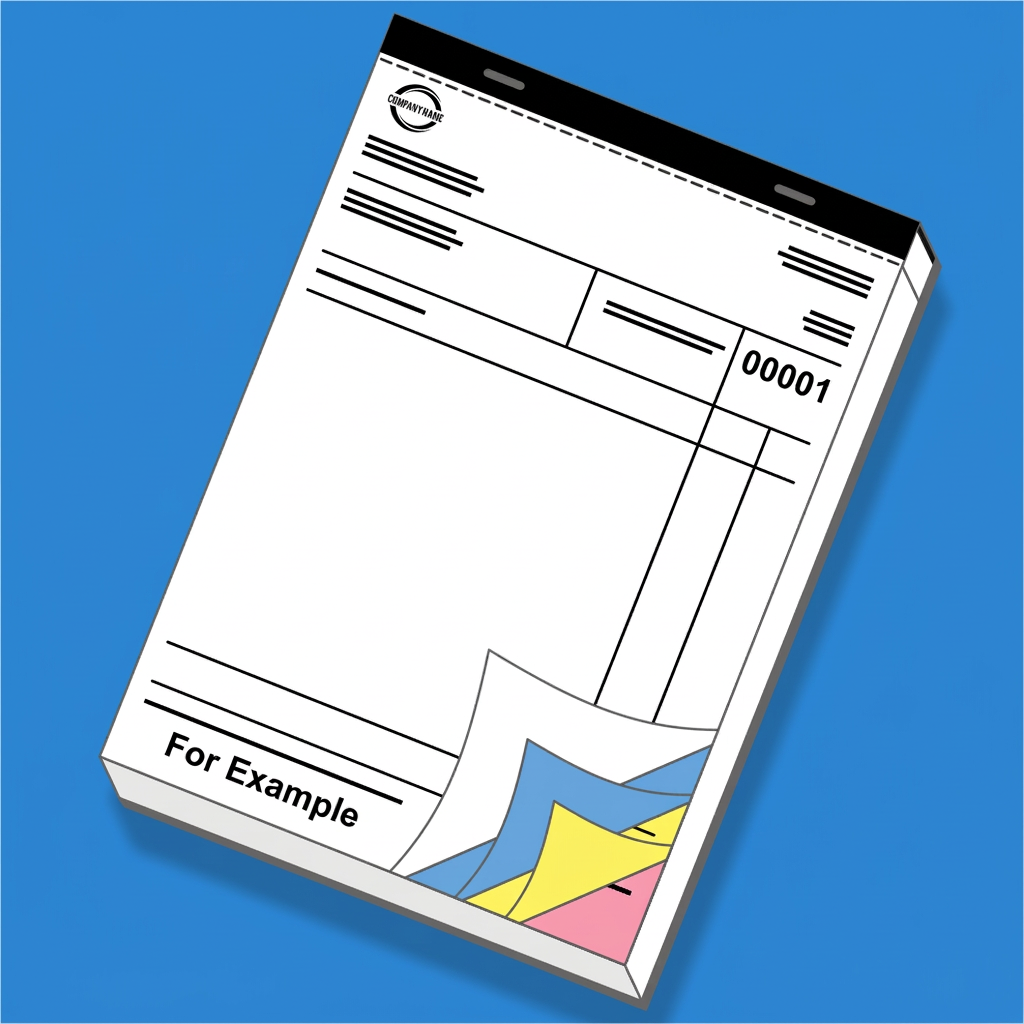 Quadruplicate NCR book with black binding and white, blue, yellow and pink carbonless sheets