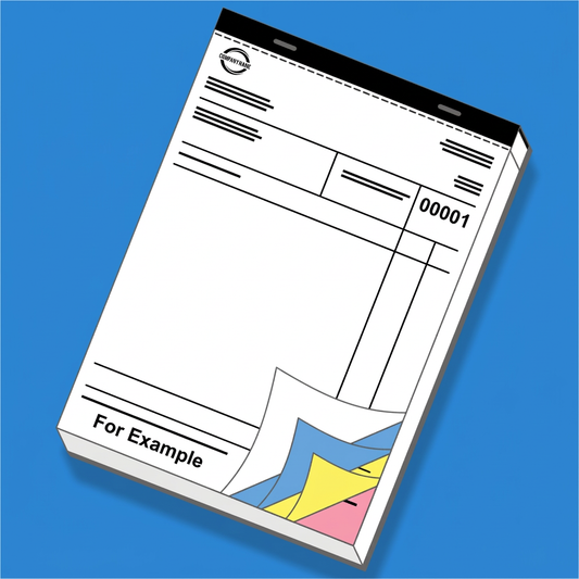 Quadruplicate NCR book with black binding and white, blue, yellow and pink carbonless sheets