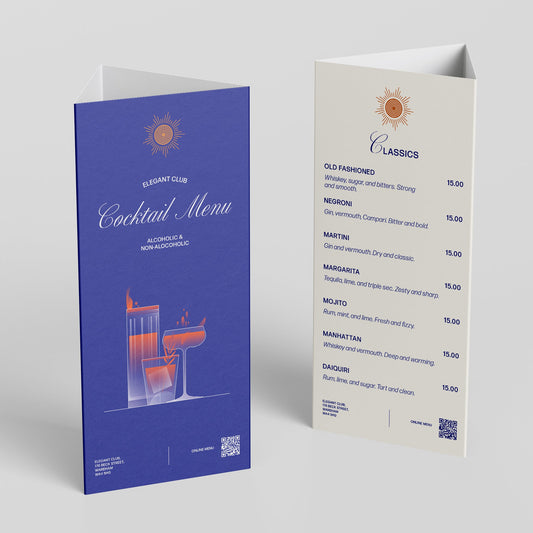 Folded cocktail menu with blue cover and white back on a light gray background